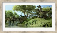 Framed Confrontation between two Tyrannosaurus Rex and a Coahuilaceratops