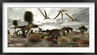 Framed Two Utahraptors hunt for prey as pterosaurs fly above