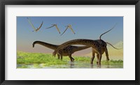Framed flock of Pterosaur birds fly over two Diplodocus dinosaurs