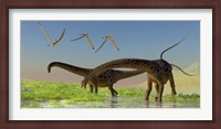 Framed flock of Pterosaur birds fly over two Diplodocus dinosaurs