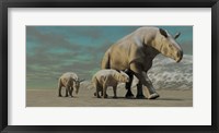 Framed Paraceratherium mother with two twin calves walks along a desert