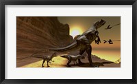 Framed Mother Allosaurus observes Archaeopteryx birds at sunset