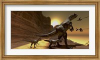 Framed Mother Allosaurus observes Archaeopteryx birds at sunset