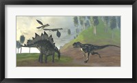 Framed Allosaurus attacks an unaware Stegosaurus dinosaur
