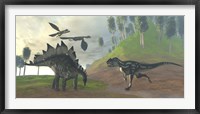 Framed Allosaurus attacks an unaware Stegosaurus dinosaur
