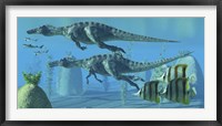 Framed Two Suchomimus dinosaurs search for big fish prey underwater