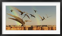 Framed flock of Pterodactyls fly out of a canyon