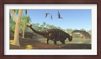 Framed Ankylosaurus dinosaurs drink from a swamp along with an Argentinosaurus