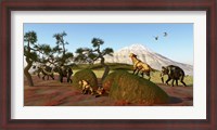 Framed family of Saber Toothed Tigers watch a herd of Woolly Mammoths