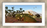 Framed family of Saber Toothed Tigers watch a herd of Woolly Mammoths