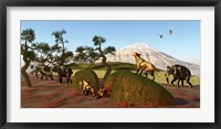 Framed family of Saber Toothed Tigers watch a herd of Woolly Mammoths