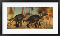 Framed Camptosaurus dinosaurs wander through a prehistoric jungle