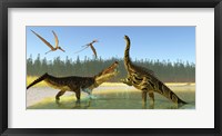 Framed Kaprosuchus reptile confronts an Agustinia dinosaur