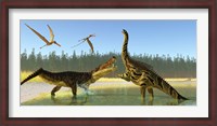 Framed Kaprosuchus reptile confronts an Agustinia dinosaur