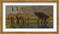 Framed Miragaia dinosaur bellows in protest as others try to join him in the marsh