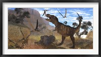 Framed Tyrannosaurus Rex attempts to eat his Triceratops kill while Pteranodons harass him
