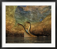 Framed Plesiosaurus captures a Eurhinosaurus marine reptile in a sea cave