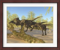 Framed herd of Dracorex dinosaurs walk through a carboniferous forest