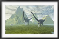 Framed Diplodocus dinosaurs walk together in the afternoon in the prehistoric age