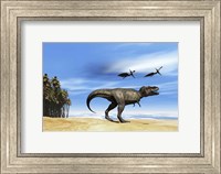 Framed Pterodactyls fly over a beastly Tyrannosaurus Rex