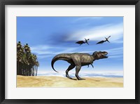 Framed Pterodactyls fly over a beastly Tyrannosaurus Rex