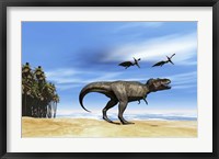 Framed Pterodactyls fly over a beastly Tyrannosaurus Rex