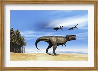 Framed Pterodactyls fly over a beastly Tyrannosaurus Rex