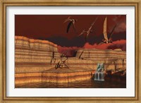 Framed Pteranodon dinosaurs in a prehistoric landscape