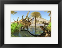 Framed Two Dilong dinosaurs guard their nest from a Coahuilaceratops