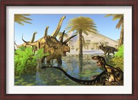 Framed Two Dilong dinosaurs guard their nest from a Coahuilaceratops