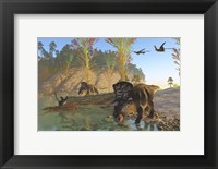 Framed Zuniceratops dinosaurs drinking water from a river