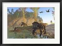 Framed Zuniceratops dinosaurs drinking water from a river
