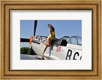 Framed Beautiful 1940's style pin-up girl posing with a P-51 Mustang