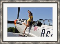 Framed Beautiful 1940's style pin-up girl posing with a P-51 Mustang