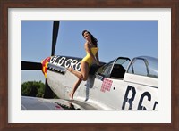 Framed Beautiful 1940's style pin-up girl posing with a P-51 Mustang