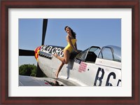 Framed Beautiful 1940's style pin-up girl posing with a P-51 Mustang