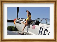 Framed Beautiful 1940's style pin-up girl posing with a P-51 Mustang