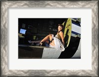 Framed Sexy 1940's style pin-up girl sitting inside of a C-47 Skytrain aircraft