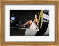 Framed Sexy 1940's style pin-up girl sitting inside of a C-47 Skytrain aircraft