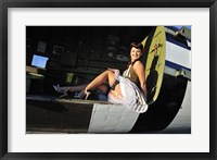 Framed Sexy 1940's style pin-up girl sitting inside of a C-47 Skytrain aircraft
