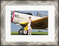 Framed 1940's style Navy pin-up girl leaning on the wing of a T-6 Texan