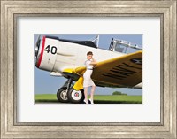 Framed 1940's style Navy pin-up girl leaning on the wing of a T-6 Texan