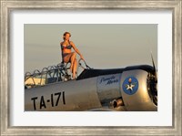 Framed 1940's style pin-up girl sitting on the cockpit of a World War II T-6 Texan