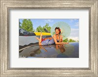 Framed 1940's style pin-up girl with parasol on a vintage P-51 Mustang