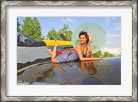 Framed 1940's style pin-up girl with parasol on a vintage P-51 Mustang