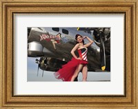 Framed Beautiful 1940's style pin-up girl standing under a B-17 bomber