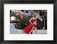 Framed Beautiful 1940's style pin-up girl standing under a B-17 bomber