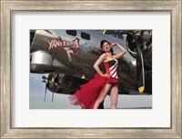 Framed Beautiful 1940's style pin-up girl standing under a B-17 bomber