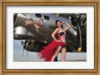 Framed Beautiful 1940's style pin-up girl standing under a B-17 bomber