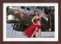 Framed Beautiful 1940's style pin-up girl standing under a B-17 bomber